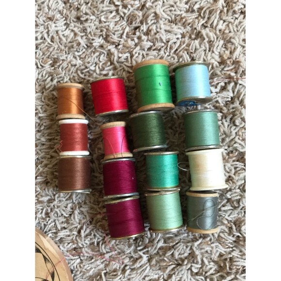 Vintage Craft Box Jean Pockets, Thread, Ribbon, Eggs, Wood Spools, Snaps + More - Picture 7 of 8